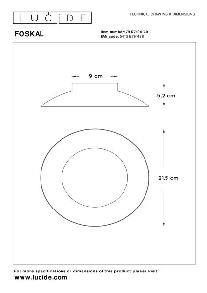 Lucide FOSKAL - Flush ceiling light - Ø 21,5 cm - LED - 1x6W 2700K - Black - technical